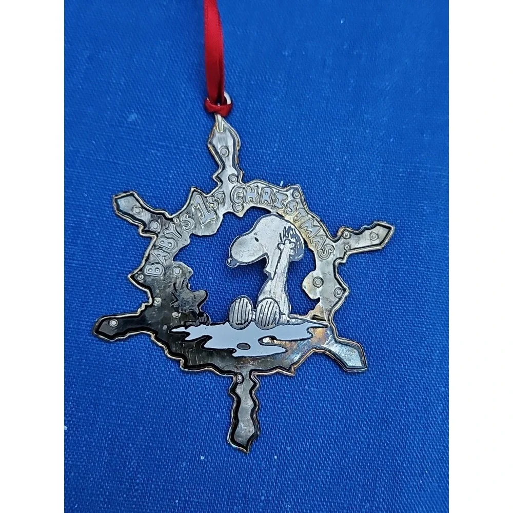 Peanuts Snoopy Woodstock Baby's First Christmas Ornament 1st Lunt Silver‎ 3.5